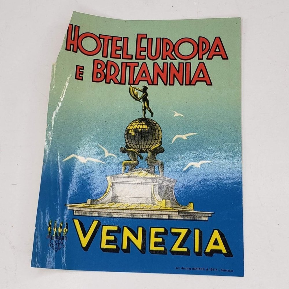 Hotel Europa E Britannia Venezia Baggage Luggage Label Vintage Venice Italy